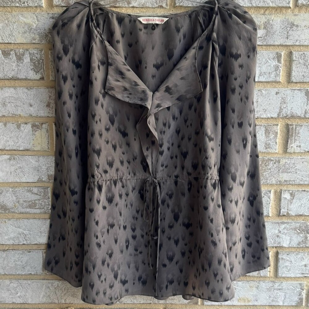 Rebecca Taylor Long Sleeve V-Neck Tie Waist Abstract Dot Blouse Women's Size 8